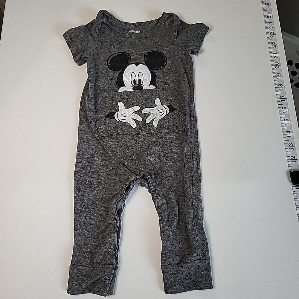 DISNEY Baby Classic MICKEY Mouse One‎ Piece Romper Gray Short Sleeve 12 Months
